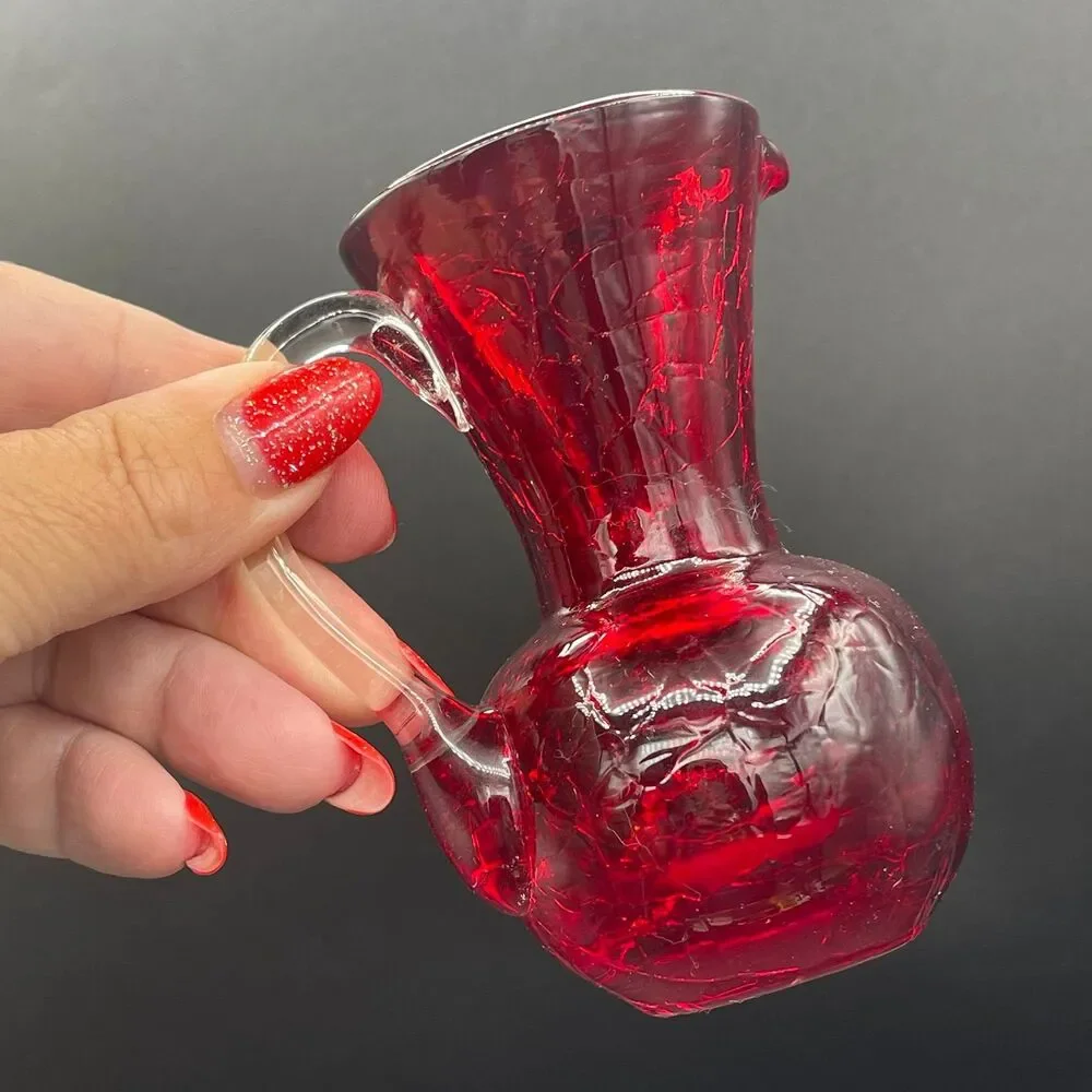 Vintage Ruby Red Crackle Glass Mini Pitcher Applied Clear Handle Pontil Mark